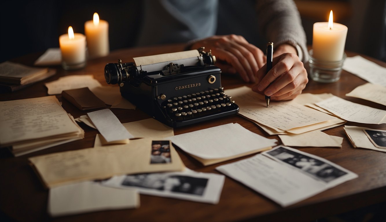 A person writing a comforting letter, surrounded by photos and memories of the lost loved one