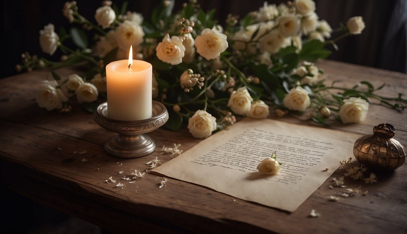 A single candle burns on a table, surrounded by wilted flowers and a framed photo. A handwritten note sits nearby, with tear stains on the paper