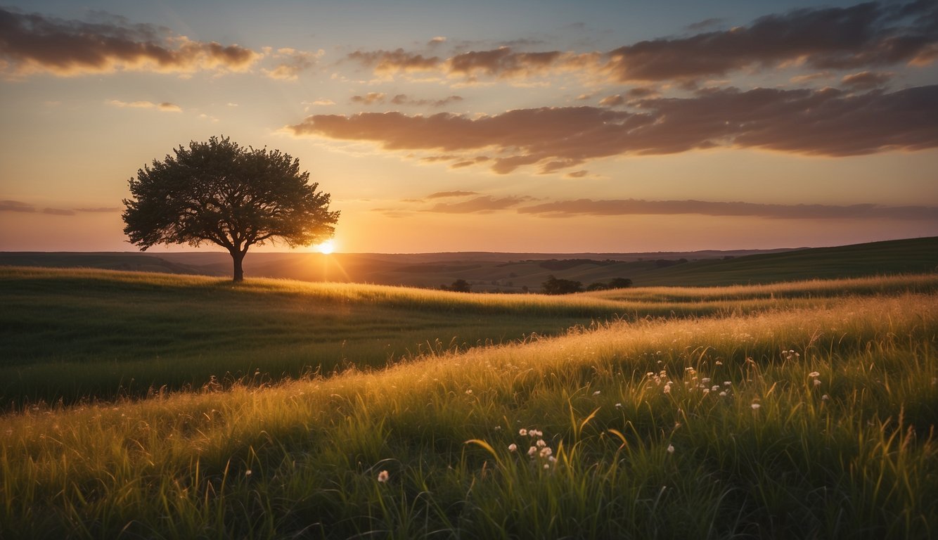 A serene landscape with a peaceful sunset, a single tree standing tall, and a gentle breeze blowing through the grass