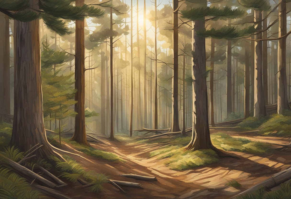 Sunlight filters through the dense pine trees, illuminating the rich, textured bark mulch covering the forest floor. Twigs and needles are scattered throughout, creating a natural and earthy scene