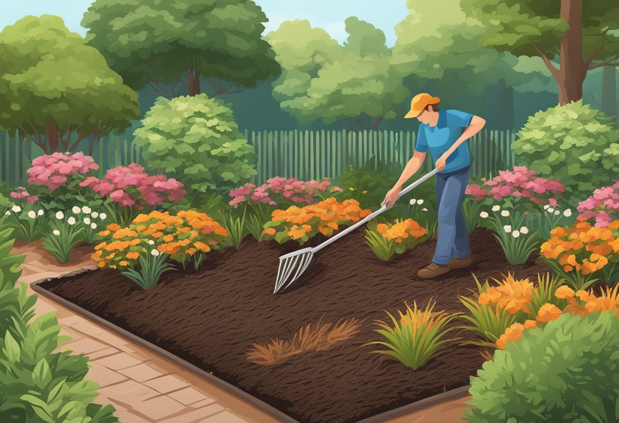 Pine bark mulch is spread evenly around garden beds. A rake smooths the surface. A gardener waters the mulch to settle it