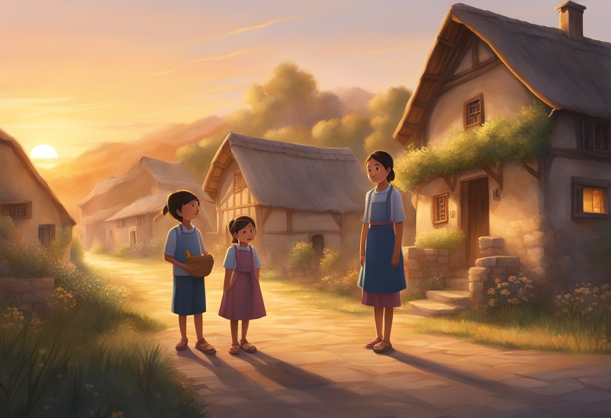 A young girl stands in front of a rustic village backdrop, surrounded by her family members. The sun is rising, casting a warm glow on the scene