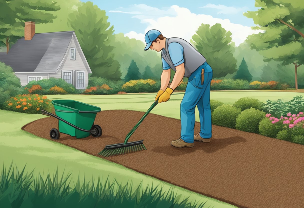 A gardener spreads pine straw mulch around plants, then rakes and smooths the surface for even coverage