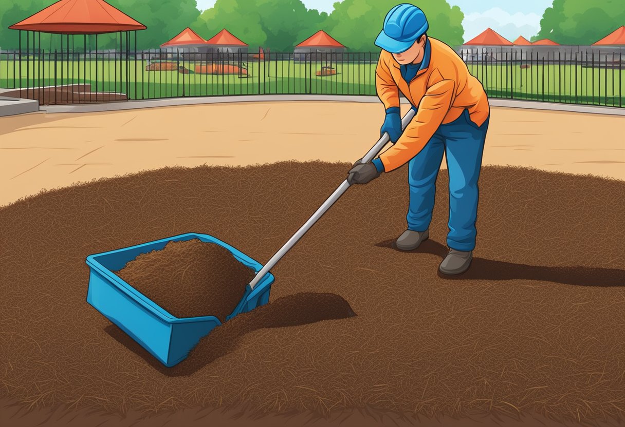 A worker spreads fresh mulch across a playground, raking and smoothing the surface for even coverage and safe play