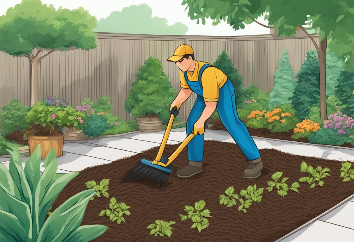 A gardener spreads mulch around plants and trees in a garden bed. The mulch helps retain moisture and suppress weeds