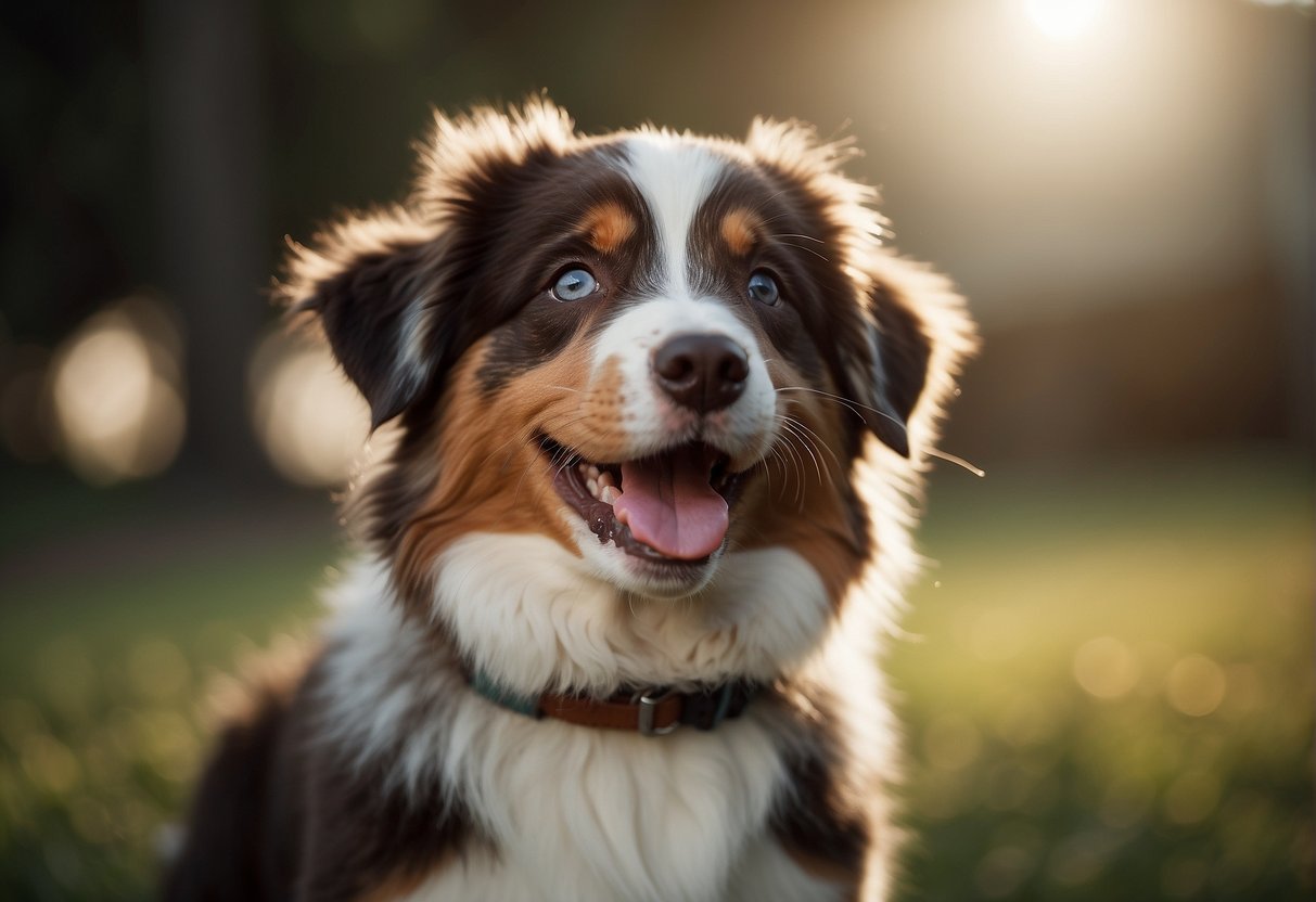 A happy Australian Shepherd puppy is greeted with open arms, wagging tails, and gentle pats. The surroundings are warm, inviting, and filled with toys and treats