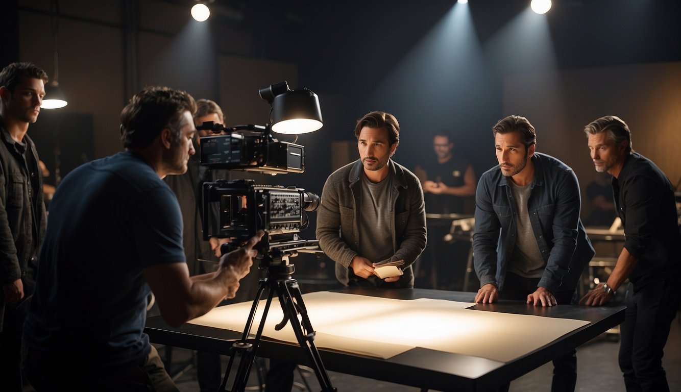 A film crew sets up lights and cameras on a soundstage, while a director discusses the script with actors. A storyboard and script sit on a table, as the crew prepares for the next scene
