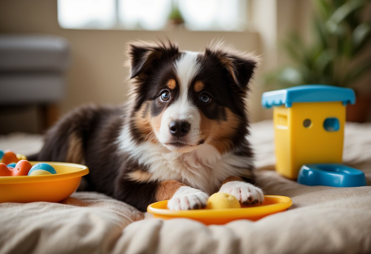 A cozy dog bed, a bowl of water, and a basket of toys await the arrival of a playful Australian Shepherd puppy