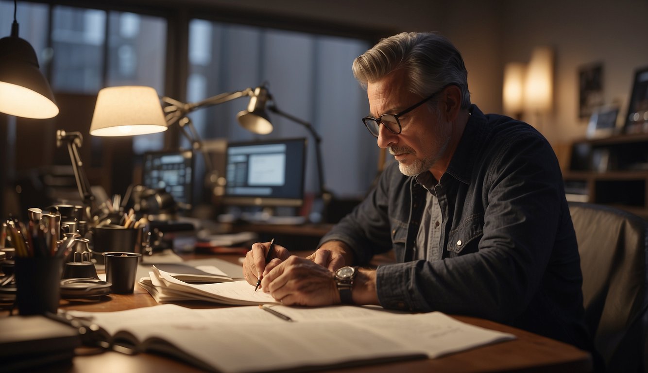 A film director sits at a cluttered desk, sketching storyboards and jotting down notes as they plan out the visual elements of their upcoming movie
