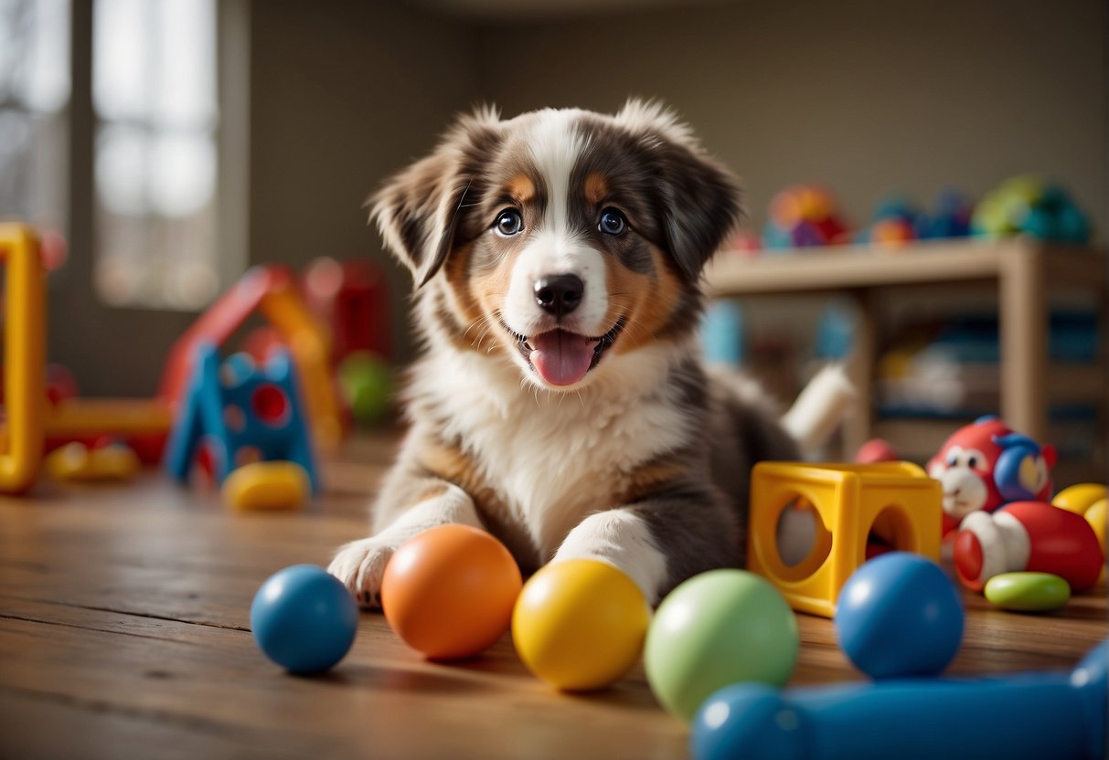 A playful Australian Shepherd puppy being welcomed and socialized in an educational setting, surrounded by toys, training tools, and nurturing caregivers