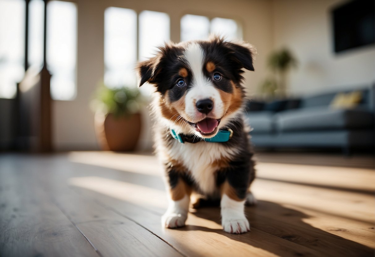 A playful Australian shepherd puppy being welcomed into a new home with open arms and wagging tails