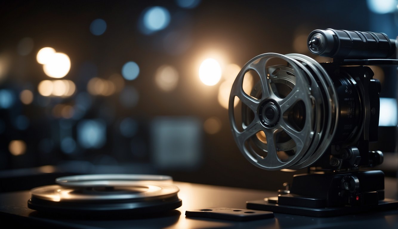 A film reel spins on a projector, casting flickering light onto a blank screen. Editing equipment and sound mixing boards line the dimly lit room, while a stack of completed film reels sits on a nearby table