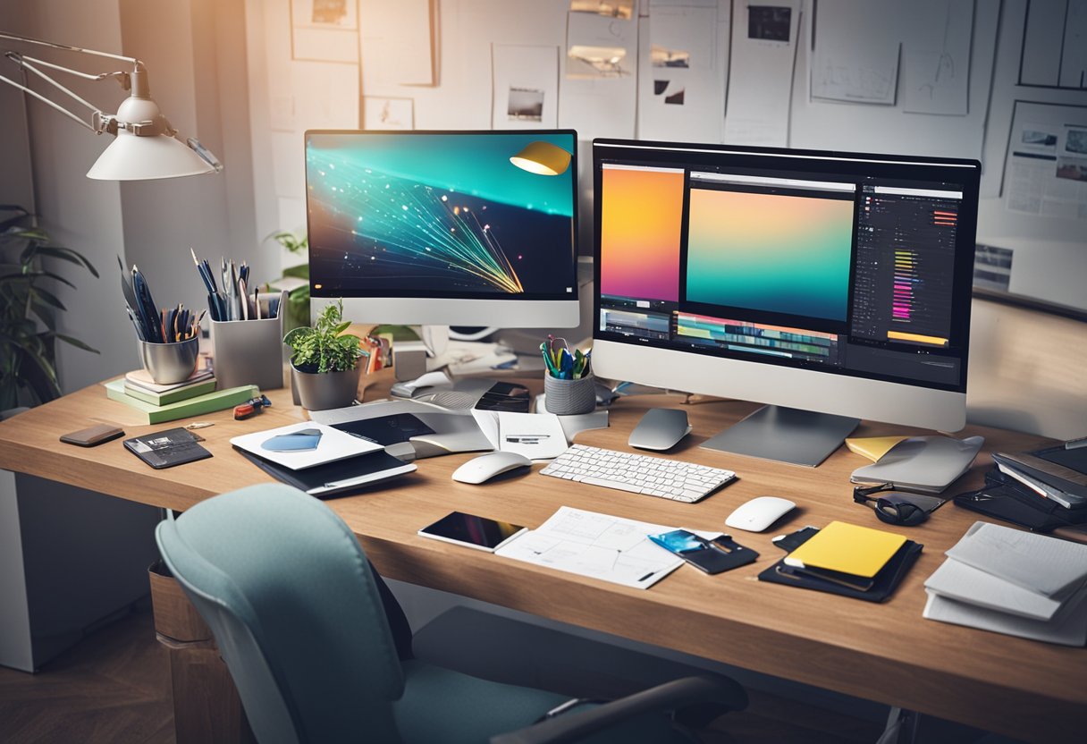A graphic designer's workspace with colorful sketches, a computer, and design tools. A creative atmosphere with a focus on ethics and professional responsibility
