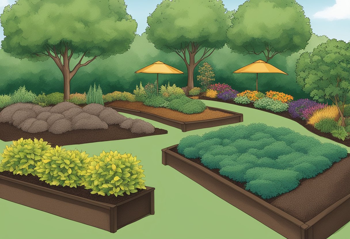 A variety of mulch types surround a garden bed, showcasing benefits like moisture retention and weed suppression. Instructions on how to properly apply mulch are displayed nearby
