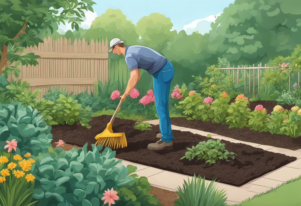 A gardener spreads mulch around plants in a garden bed