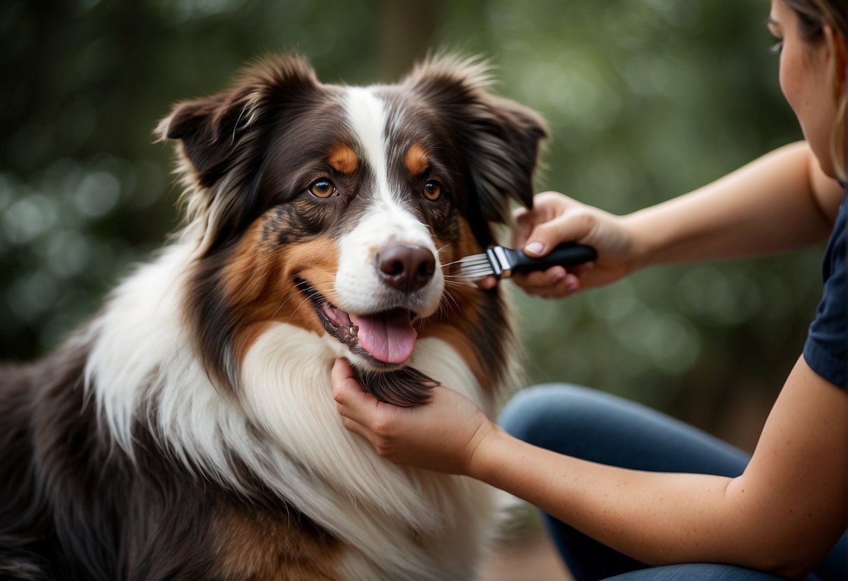 A person brushing an Australian Shepherd dog, the dog sitting calmly as the brush runs through its fur