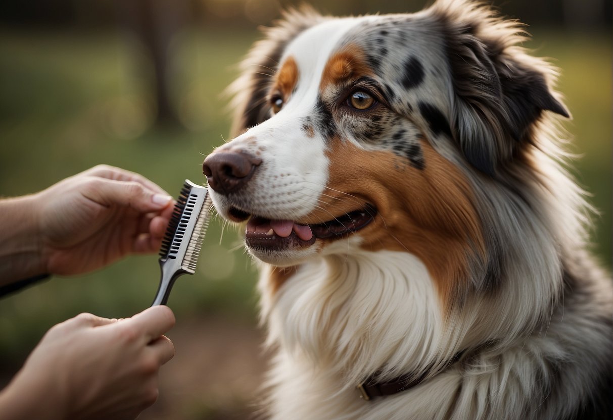 A happy Australian shepherd sits patiently as its owner prepares to brush its fur