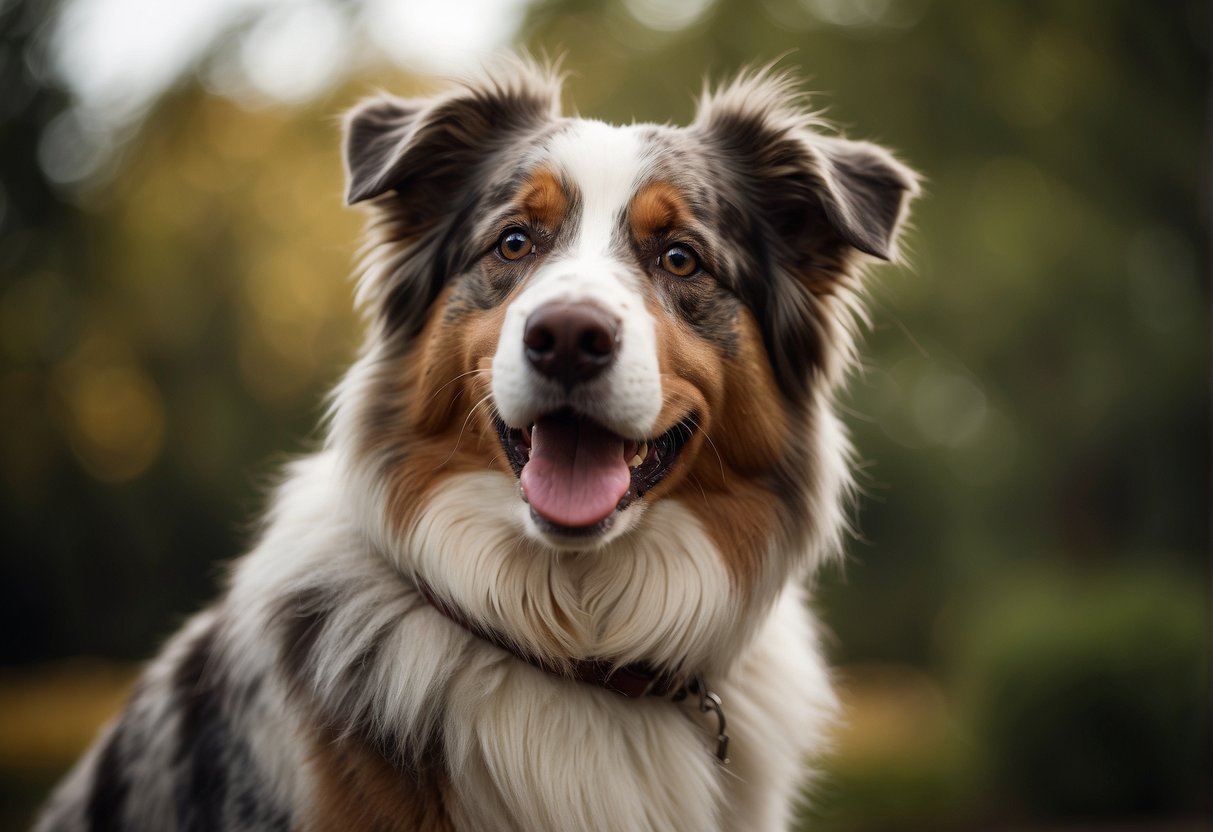 A Australian shepherd being brushed, sitting calmly as the brush glides through its fur, with a gentle expression on its face