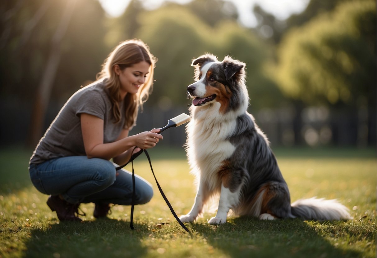 A person brushing an Australian Shepherd dog, with a brush in hand and the dog standing or sitting calmly