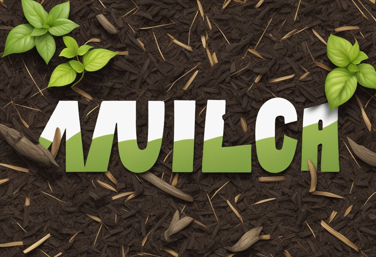 Mulch types (wood chips, straw, etc.) with plants and soil. Benefits: moisture retention, weed suppression, and soil insulation