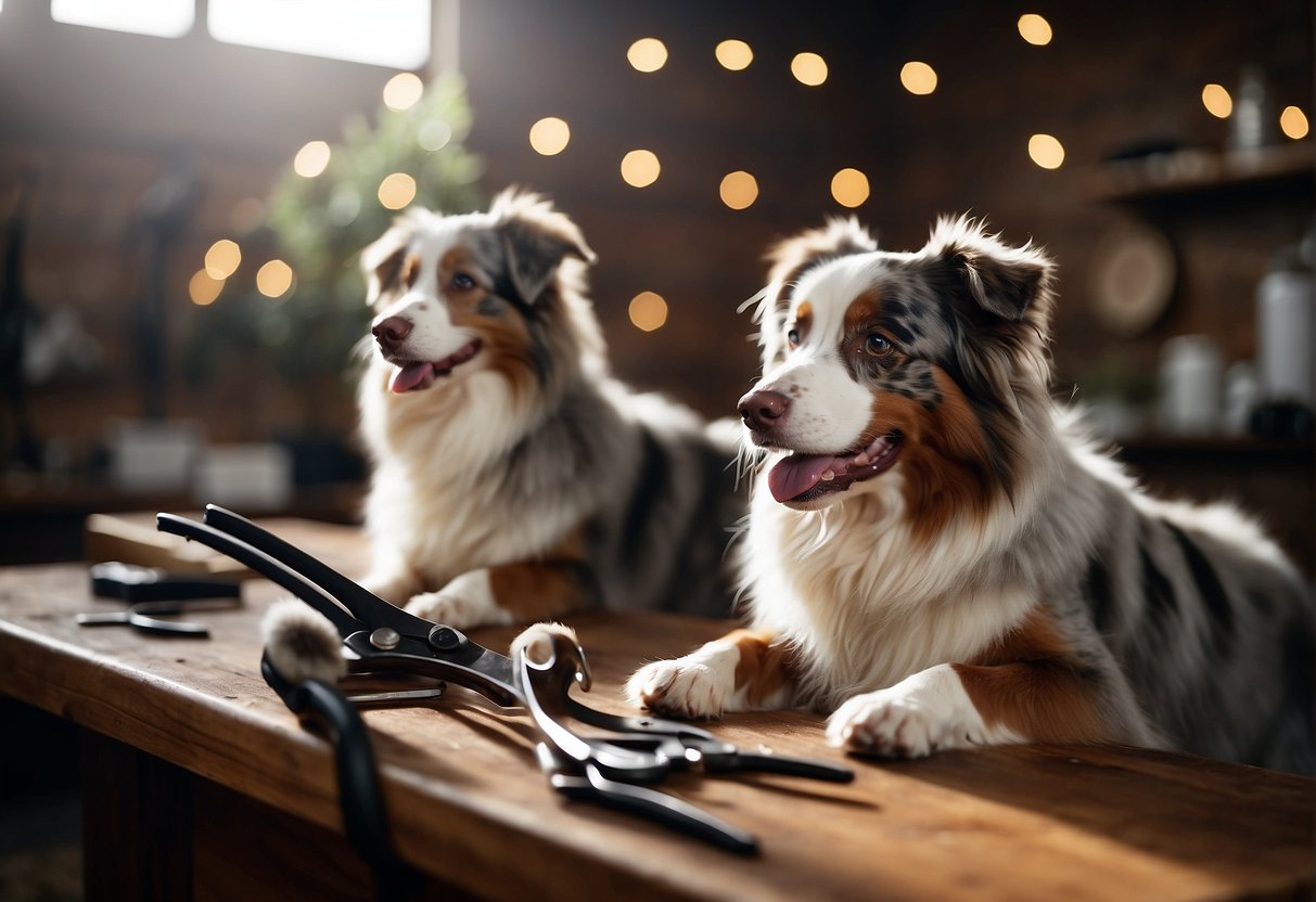 A pair of scissors cutting the fur of an Australian Shepherd dog on a grooming table