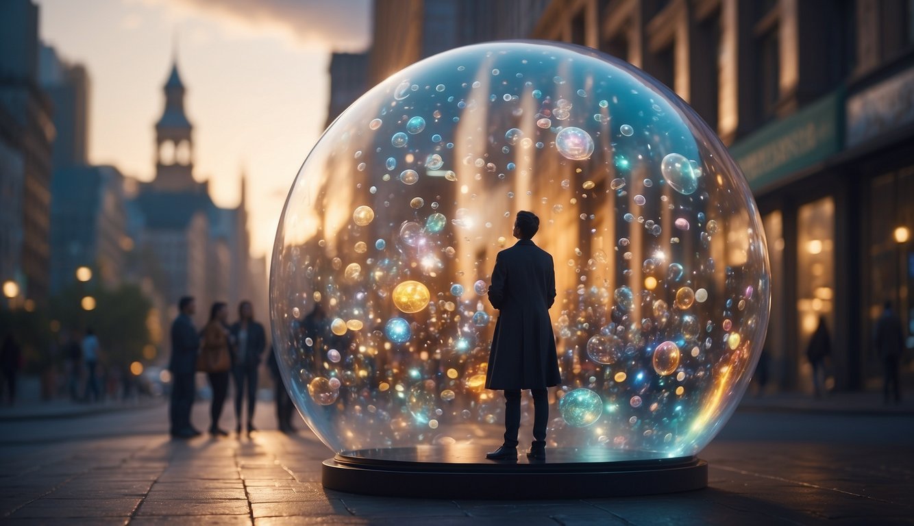 A dream bubble hovers over a diverse cityscape, filled with symbols of different cultures. A celebrity figure stands within the bubble, surrounded by glowing, ethereal energy