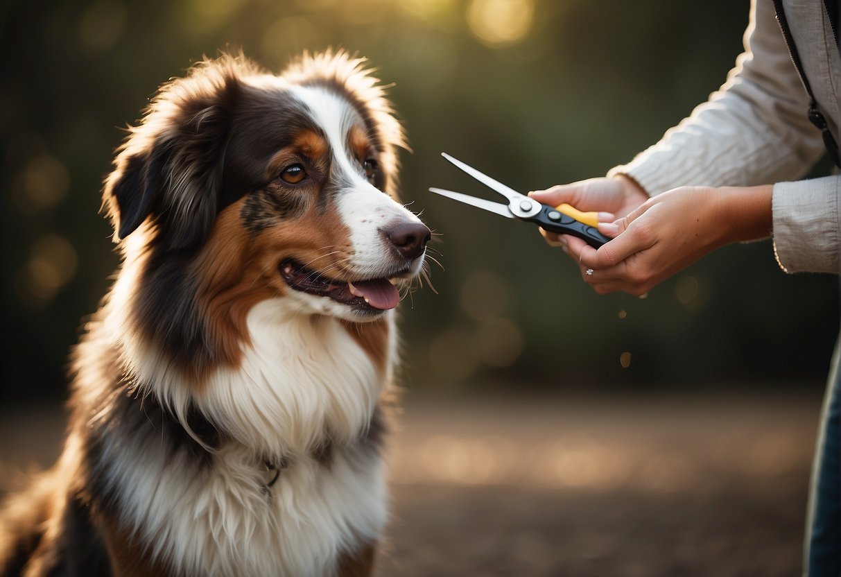 A pair of scissors cutting the fur of an Australian shepherd with precise and careful movements