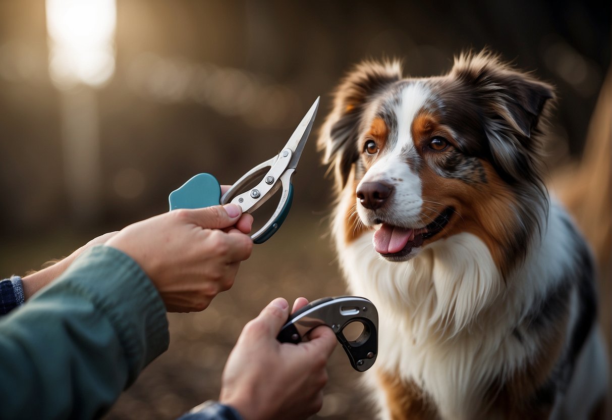 A pair of scissors cutting the fur of an Australian shepherd dog, with a focused and careful hand guiding the tool