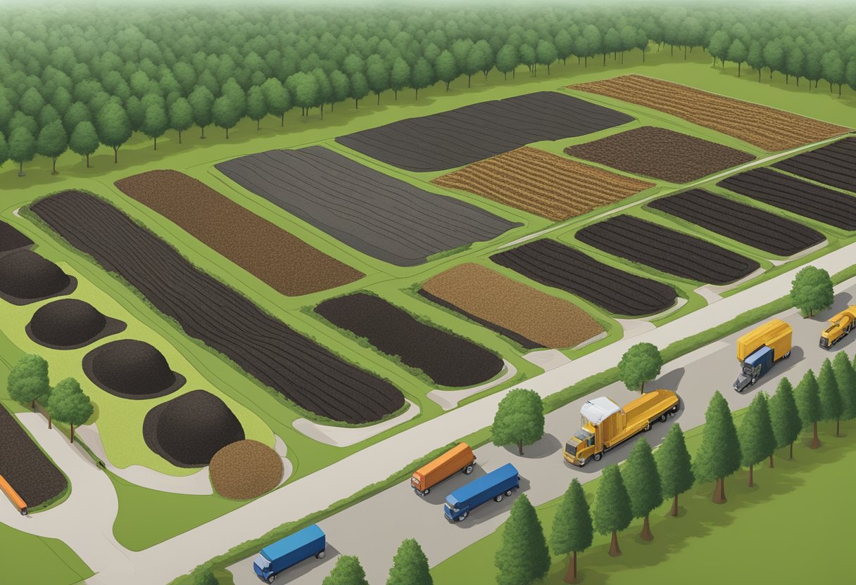 A bird's-eye view of Ohio Mulch's sprawling grounds, with vibrant greenery, neatly stacked mulch piles, and a fleet of trucks ready for delivery