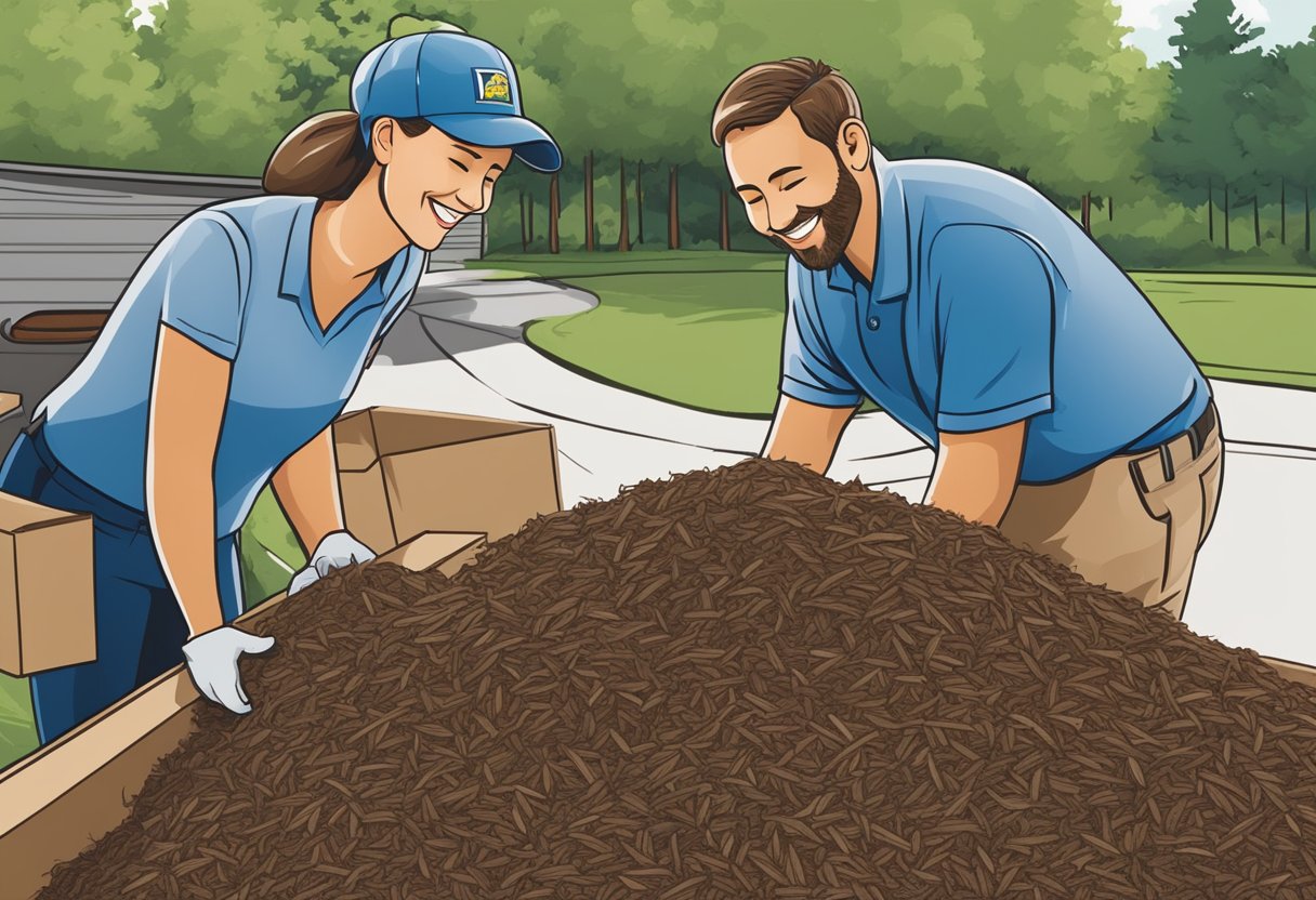 A customer smiling while receiving a delivery of high-quality mulch from Ohio Mulch, with a friendly and helpful staff member assisting them