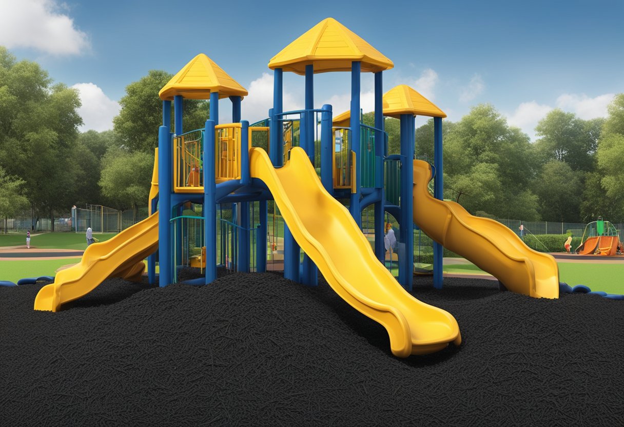 A playground covered in black rubber mulch, showing its durability, weather resistance, and non-toxic nature