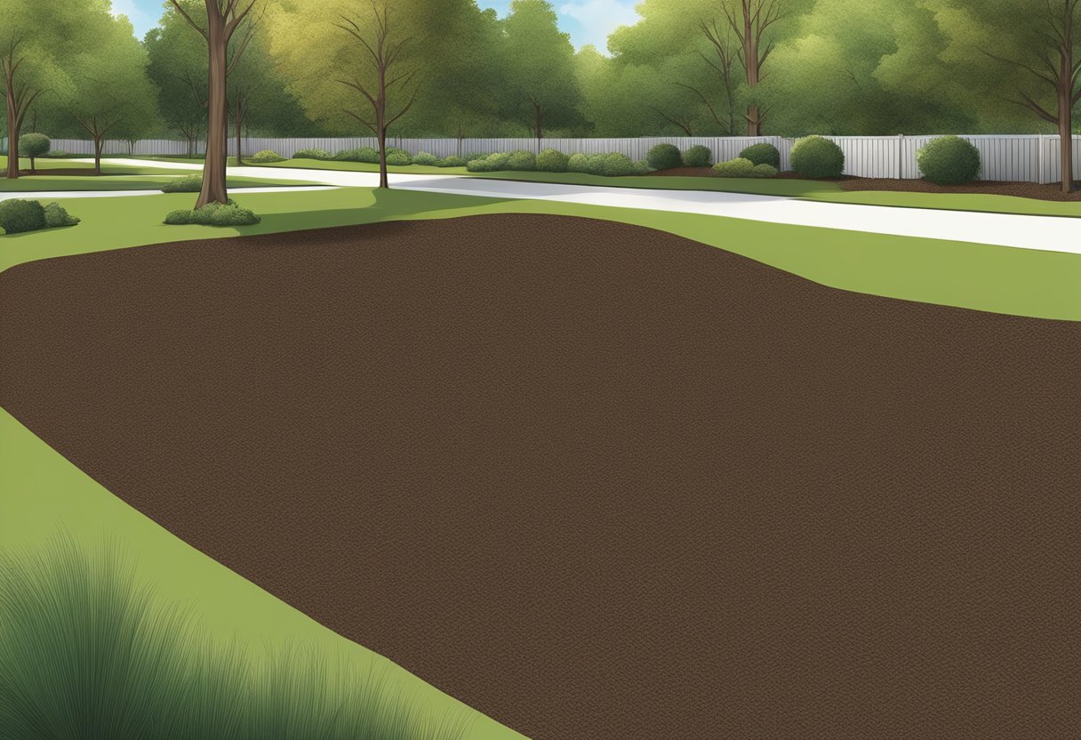 Brown mulch covers the ground, with a coarse texture and earthy aroma. It is scattered around the base of trees and plants, providing a natural and organic look to the landscape