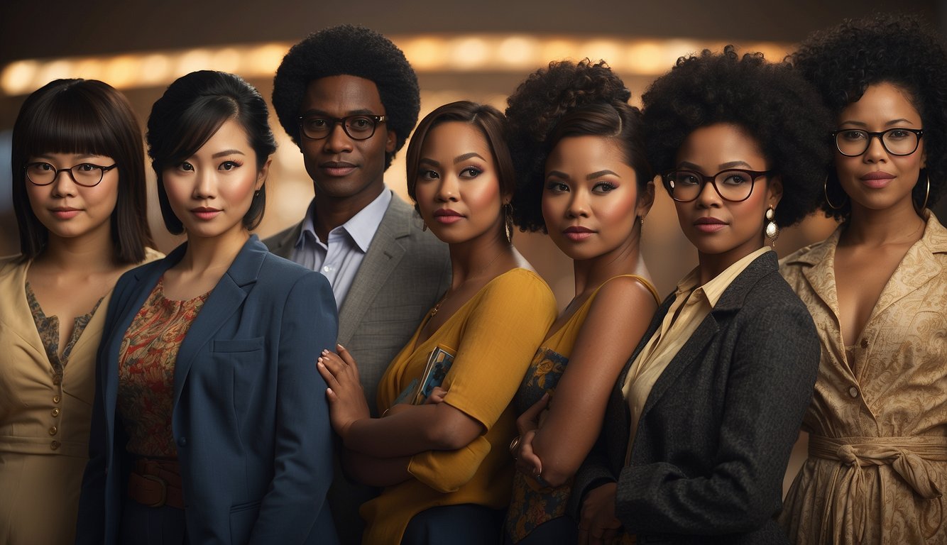Various stereotypical characters from movies and TV shows, such as the sassy black woman or the nerdy Asian, are portrayed in a historical context
