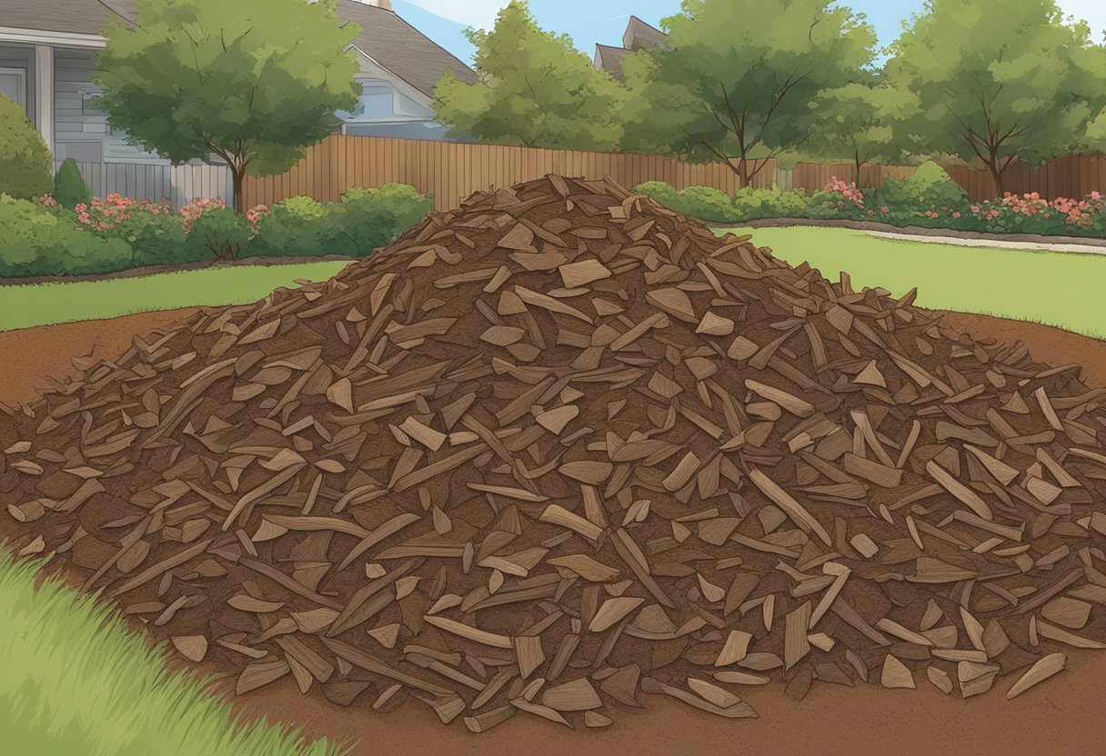 A pile of brown mulch sits in a garden bed, with small pieces of bark and wood chips visible. The mulch appears to be dry and finely textured, with a rich, earthy color