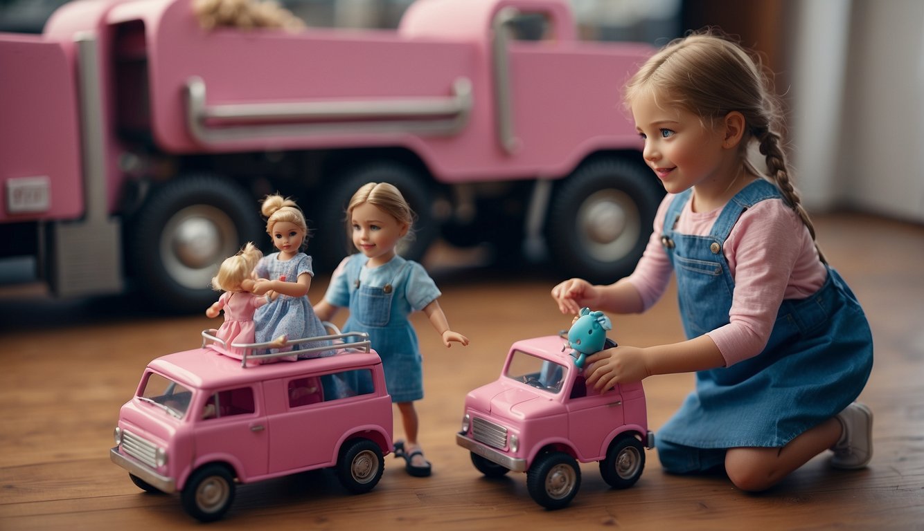 Scene: A young girl playing with dolls, dressed in pink, while a boy plays with trucks, wearing blue. TV shows feature women as caretakers and men as breadwinners