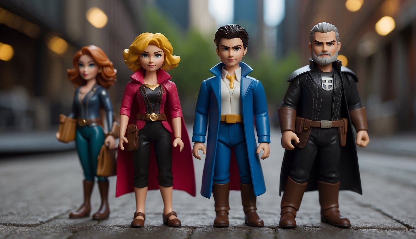 A group of characters representing stereotypical roles in movies and TV shows, such as the hero, the villain, the damsel in distress, and the sidekick, are gathered in a dramatic setting