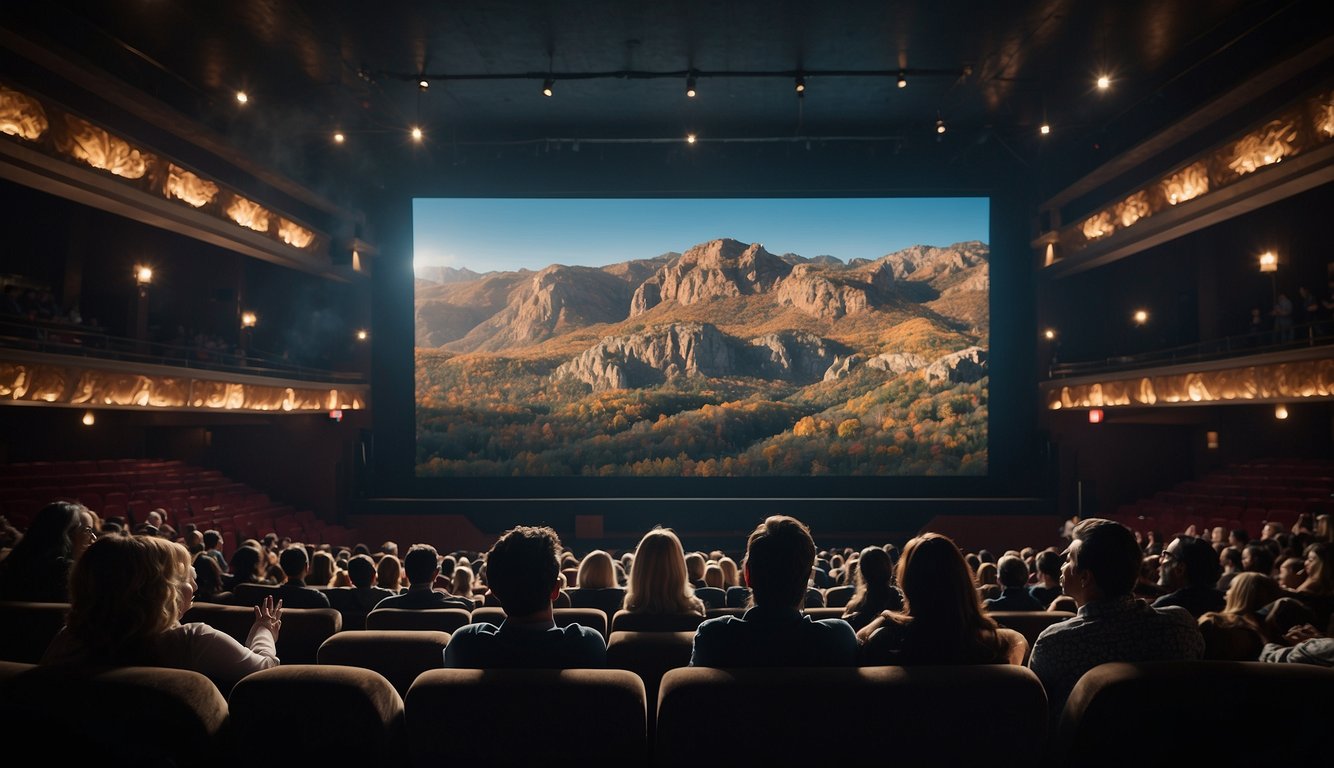 Scene: A movie theater with a large screen showing stereotypical portrayals of characters in various movies and TV shows. Audience members react with mixed emotions