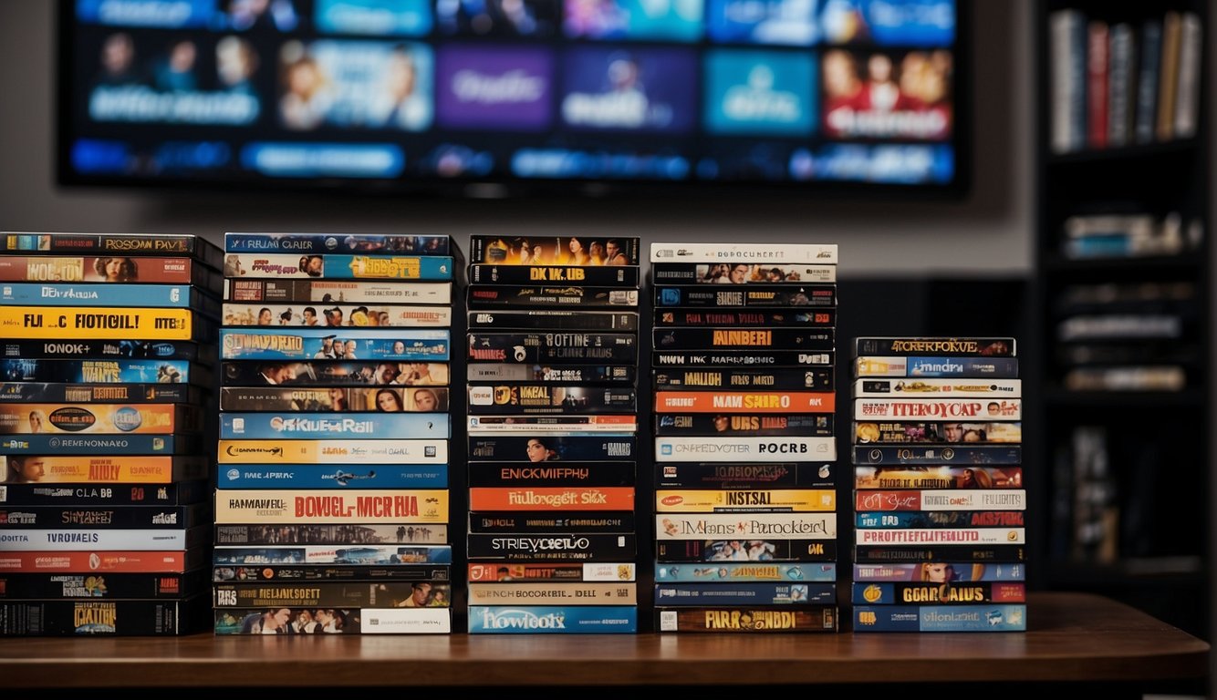 A stack of movie and TV show DVDs next to a TV screen, with stereotypical characters depicted on the covers