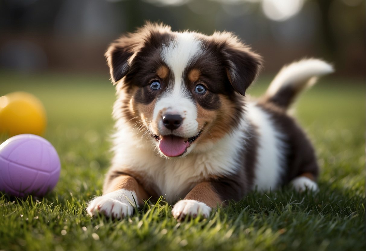 An Australian shepherd puppy being raised with positive reinforcement and socialization in a spacious, grassy yard with toys and agility equipment