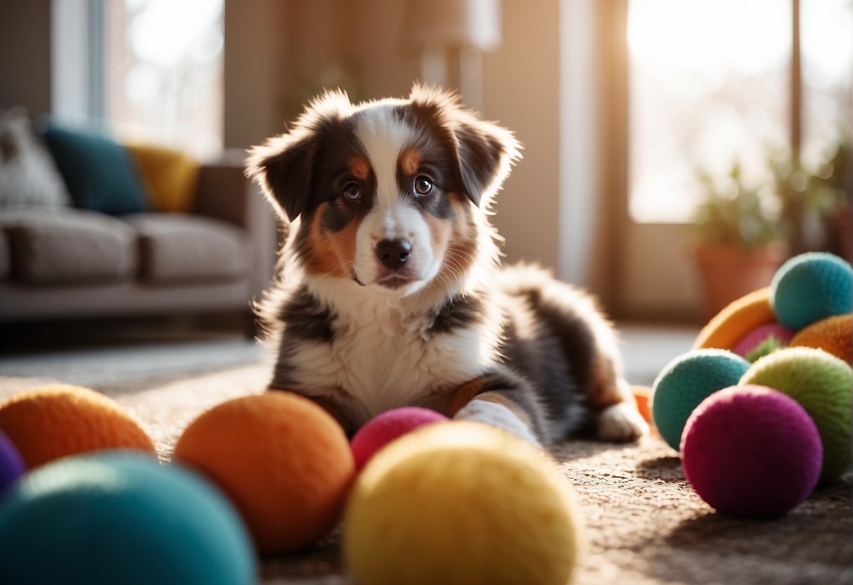 An Australian shepherd puppy playing with a variety of toys in a spacious, sunlit room with colorful decor and a cozy dog bed
