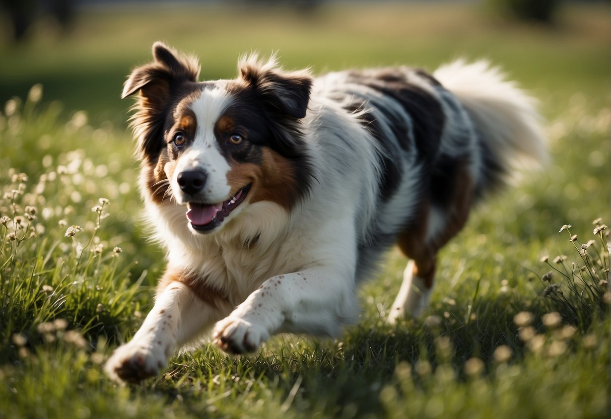 An Australian shepherd dog running through a green meadow, with a clear blue sky and a few fluffy white clouds in the background