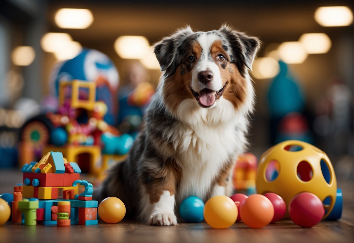 An Australian shepherd being raised, surrounded by toys and training equipment, with a person teaching commands and providing care