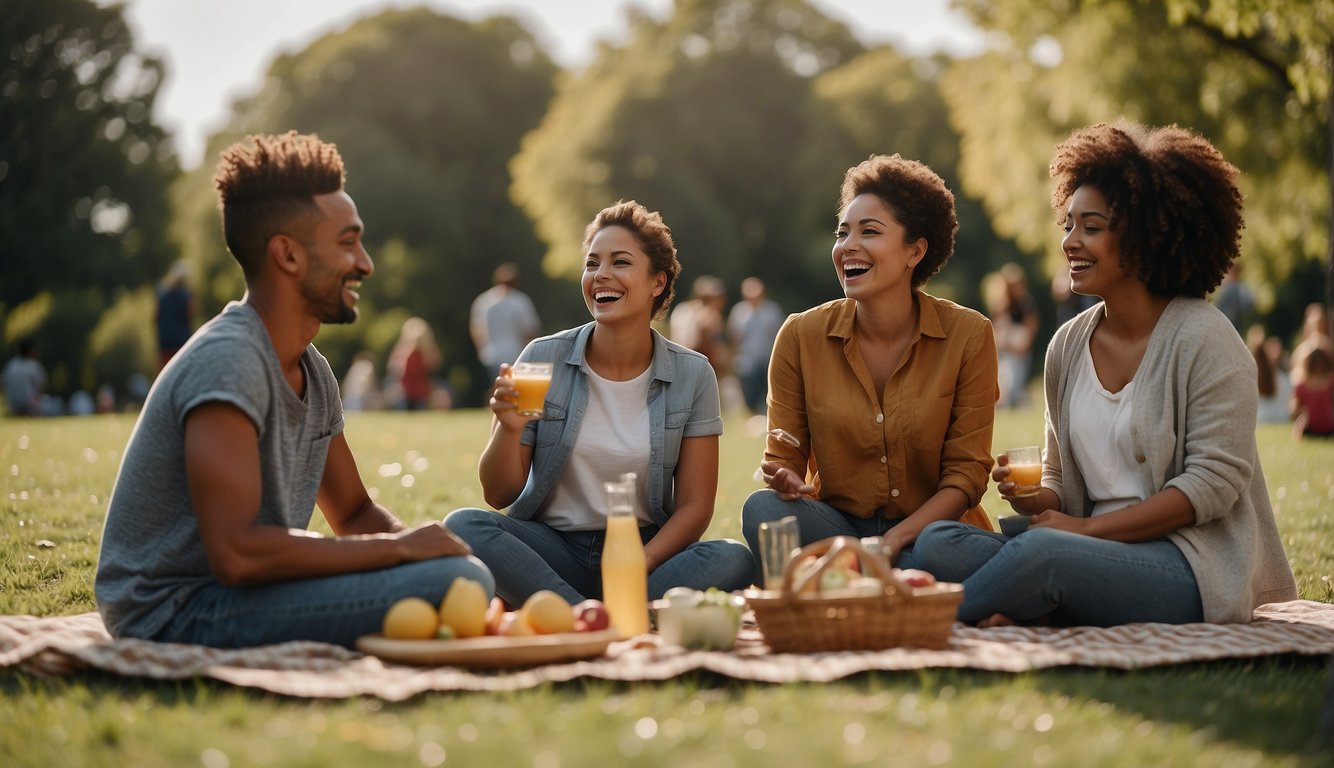 A diverse group of single parents enjoying a picnic in a park, with children playing and laughing in the background. A warm and welcoming atmosphere, with a sense of community and support
