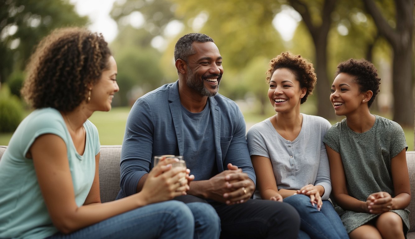 A diverse group of single parents gather in a warm, welcoming environment, chatting and connecting over shared faith and the joys and challenges of raising children alone