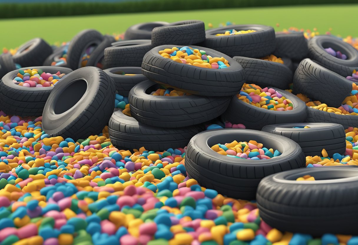 A pile of shredded rubber tires scattered across a playground surface, creating a cushioned and impact-absorbing layer