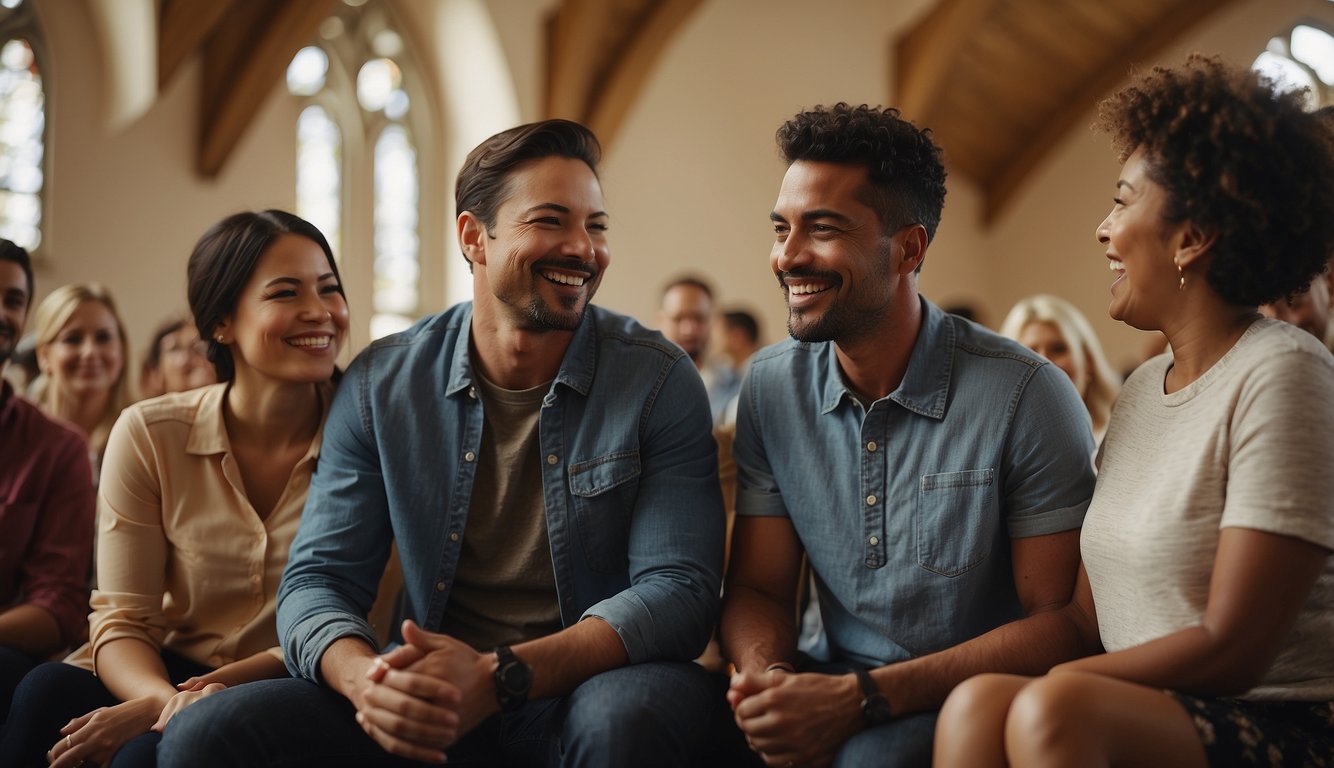 A group of single parents gather in a warm, welcoming church setting. They chat and laugh, forming connections and building a supportive community
