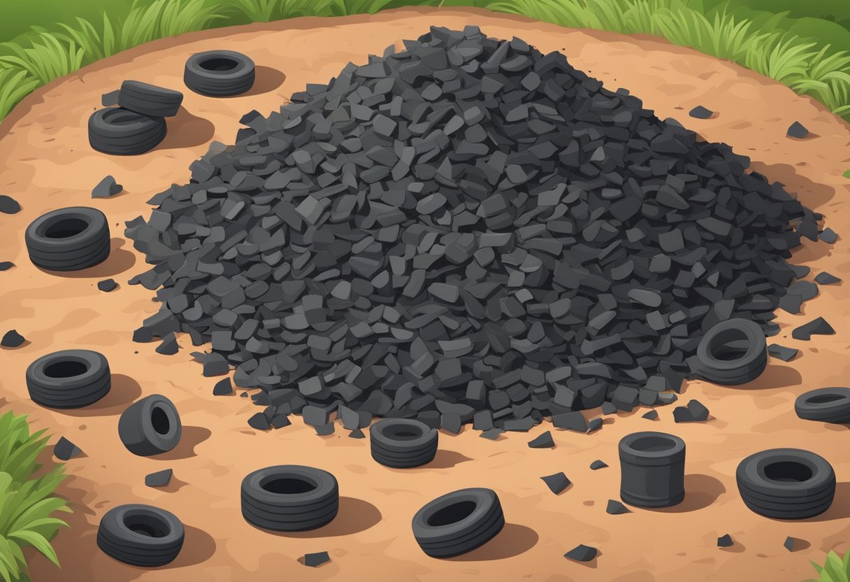 A pile of rubber tire mulch, various sizes and colors, scattered on the ground in a playground or landscaping setting