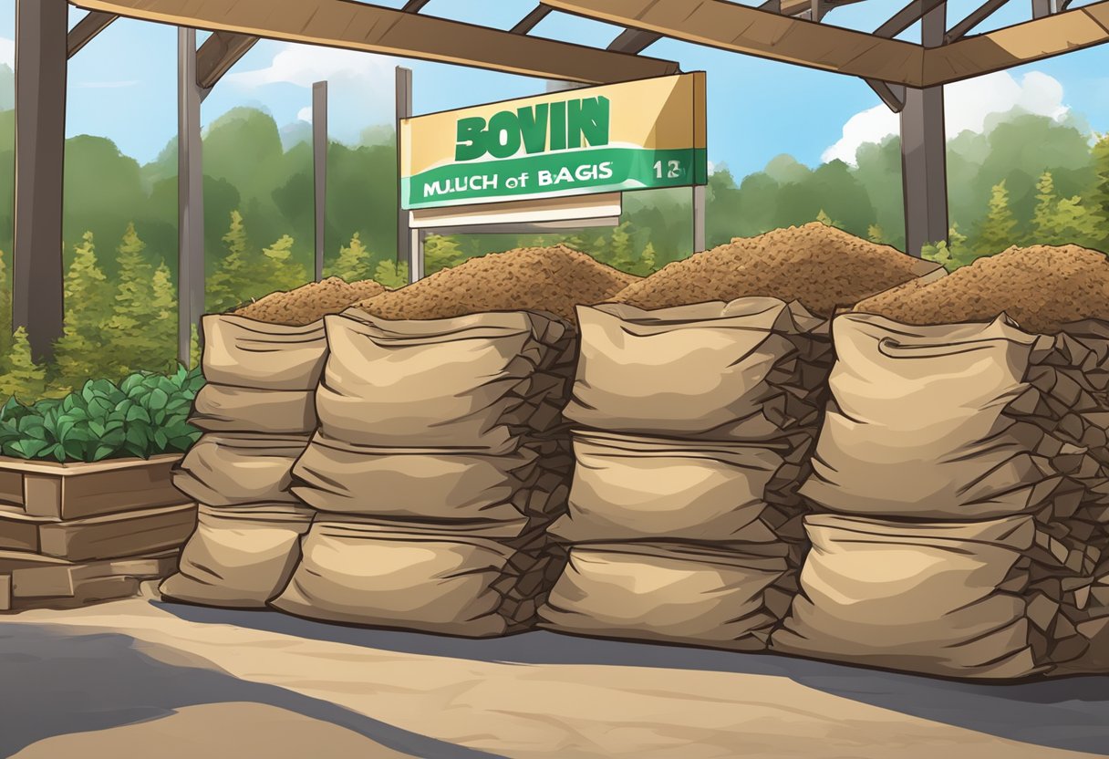 A pile of mulch bags stacked neatly next to a price sign at a garden center