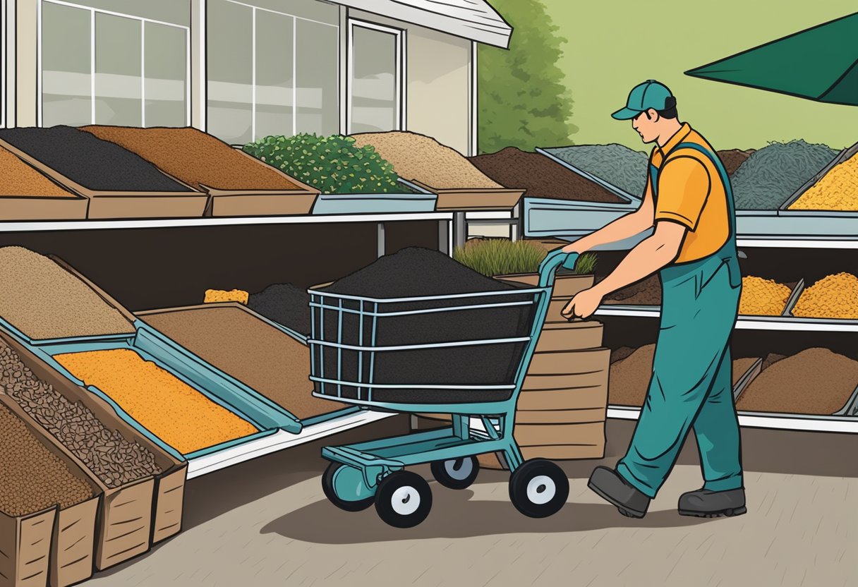 A customer selects mulch from a variety of options at a garden supply store. A worker loads bags onto a cart for delivery