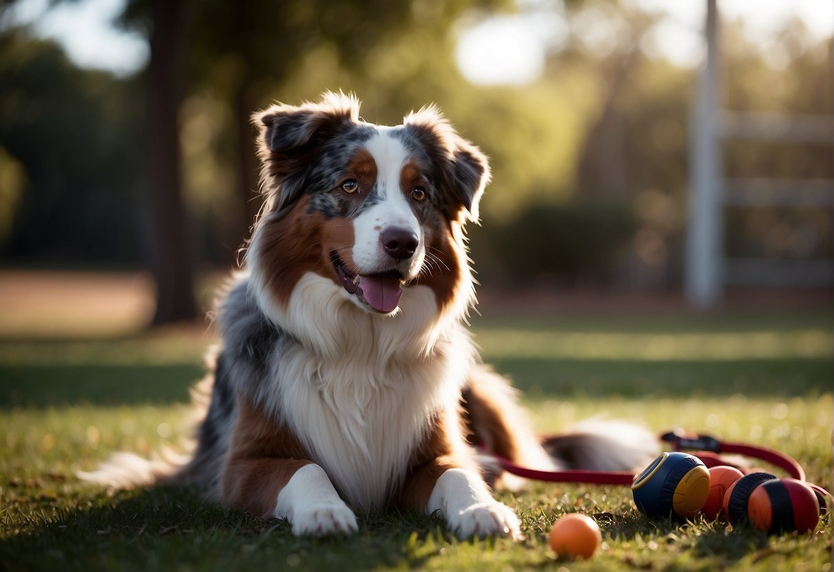 Australian shepherd being trained, sitting obediently, attentive to owner's commands, surrounded by training equipment and toys